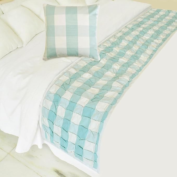 The HomeCentric King/Queen/Twin Aqua Decorative Bed Runner Full 68"x18" Bed Runner with Two Pillow Cover, Checkered, Buffalo Plaid, Check Bed Scarf on Cotton Fabric - Aqua Plaid Knots