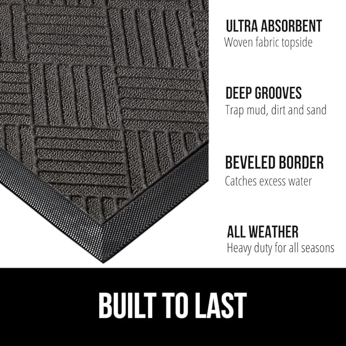 GORILLA GRIP 100% Waterproof All-Season WeatherMax Doormat 35x23, US Designed Natural Rubber, Stain and Fade Resistant, Low Profile Indoor Outdoor Door Mats, Easy Clean Patio Mat, Gray Diamond