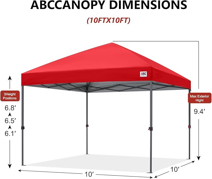ABCCANOPY 10x10 Pop Up Canopy Tent, Easy Setup Instant Shelter with Wheeled Bag, Heavy Duty Outdoor Canopy for Beach, Market, Backyard, UV Protection, Outdoor Weather Protection (Red, 10x10)