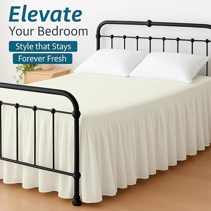 Shreem Linen Ruffled Bed Skirt with Split Corners, Gathered Style, 100% Microfiber, 24-Inch Drop, Dust Ruffle Bedskirt with Platform, Queen, Ivory