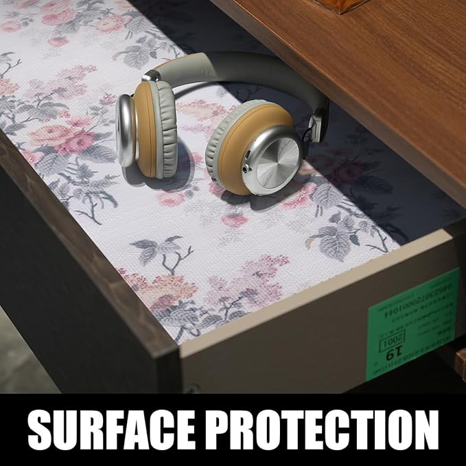 Drawer and Shelf Liner for Cabinets, Non-Adhesive and Strong Non-Slip Vintage Floral Shelf Cabinet Drawer Liners for Kitchen,Table,Bookshelves,Waterproof Cupboard Liners,12IN x 10FT