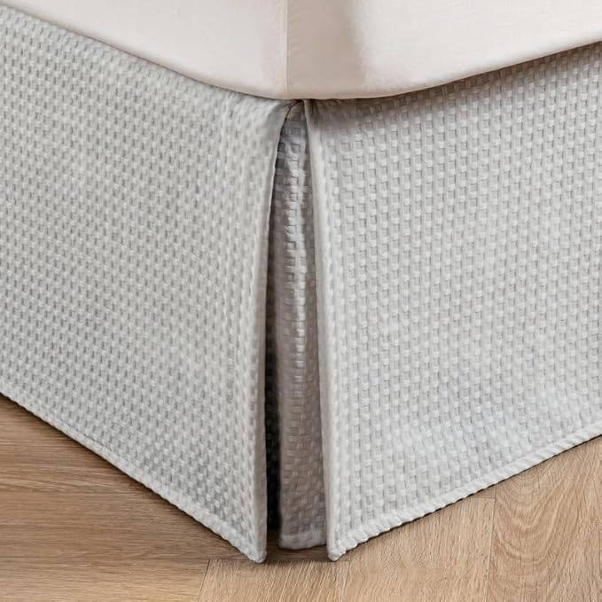 MIYE Pleated Waffle Weave Bed Skirt, Tailored Dust Ruffle 16 Inch Drop Easy Fit, Machine Washable (Light Grey, Twin - 16" Drop)
