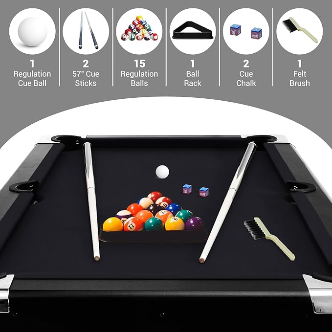 7 Foot Pool Table for Family, Foldable No Assembly Pool Table with Balls, Cues, Chalk, Rack & Brush, Portable Billiards Game Table for Apartment, Basement, Office & Game Room