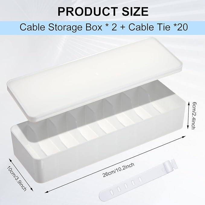 Tatuo 4 Pcs Cable Organizer Box with Wire Ties, Plastic Cord Storage Box with Lid, Electronics Organizer for Home Office Desk Organizers and Accessories (White)