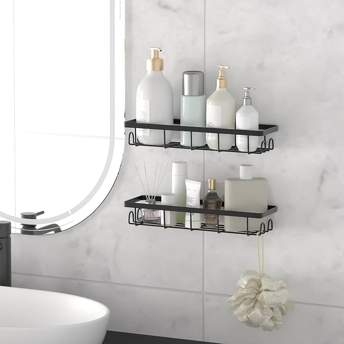 Shower Caddy Organizer with Hooks,Self Adhesive Bathroom Shelves,No Drilling Bathroom Organizers and Storage,Perfect for RV, Apartment, Home Decor,2 Pack Black