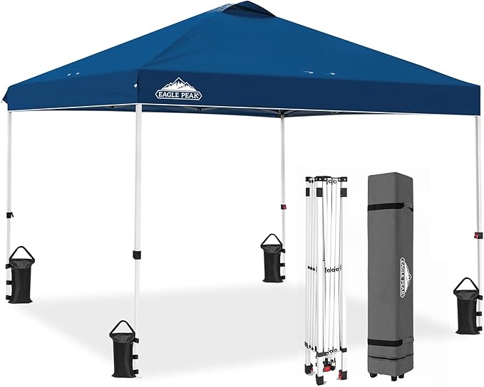 EAGLE PEAK Pop Up Canopy Tent with Wheeled Carry Bag, 8 Stakes, 4 Ropes, 4 Weight Bags, Easy Set Up Tent Canopy, 10x10 ft, 100sqft of Shade, Dark Blue