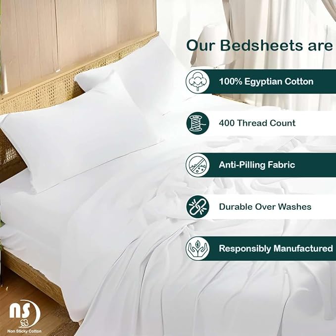 NON Sticky cotton Twin Size Sleeper Sofa Sheets, 4 Piece Egyptian Cotton Bed Sheet Set for Sofa Bed, 6" Deep Pocket Fitted Sheet for Pull Out Couch Mattress, 39" x 75", White Solid, Soft & Breathable