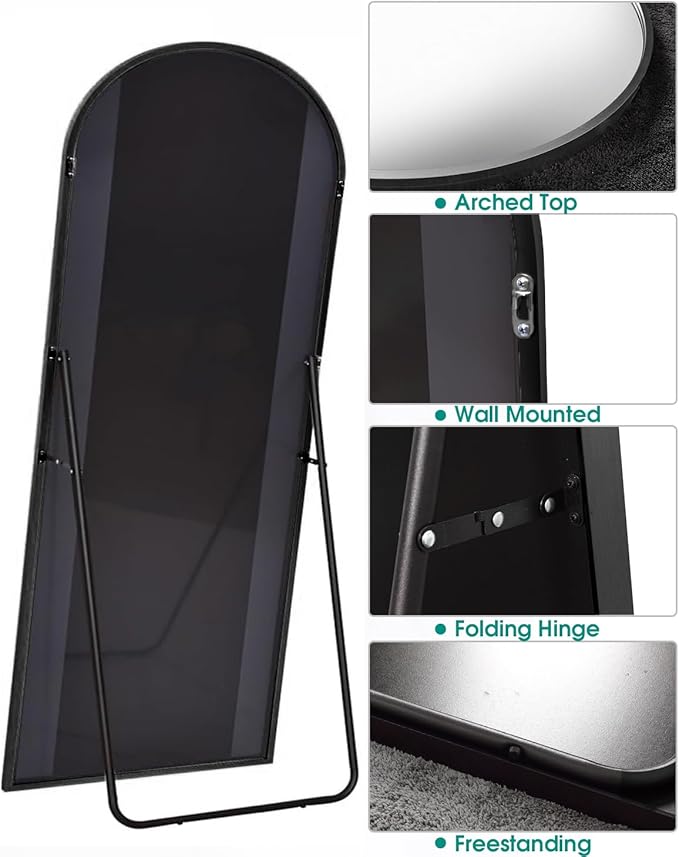 BEVERDY Full Length Mirror, Arched Floor Mirror with Stand, 28"x71" Oversized Floor Mirror, Wall Mirror Full Length Freestanding, Wall Mounted Mirror for Bedrooom Living Room, Black