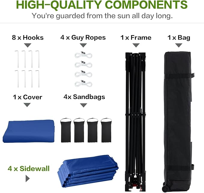 Tunbne 10X10 Comercial Pop Up Canopy Tent with 4 Sidewalls and 6 Pockets, One Push Setup Center Lock, for Beach Patio Outdoor, Case, 8 Stakes, 4 Ropes, 4 Sandbags (Sapphire Blue)