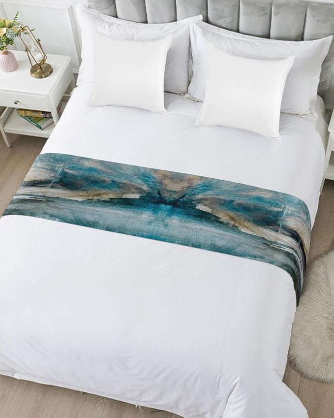 Abstract Mottled Turquoise Green Gray Art Bed Runners for Bedroom Hotel,Decorative Bedding Scarf Retro Painting Bed End Blanket Bedding Runner Scarves for Full Size Bed,83x20in