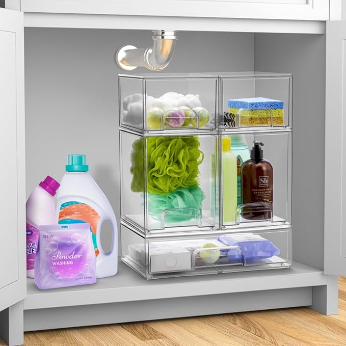 Sorbus Acrylic Storage Containers - 2 Pack, Stackable Storage Bins Set for Bathroom Organization - Clear Acrylic Drawer Organizers - Makeup Case Pull-Out Drawers (7.6’’ Tall)