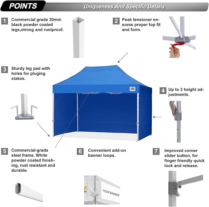 ABCCANOPY Easy Pop Up Canopy Tent with Sidewalls 8X12 Commercial -Series, Royal Blue