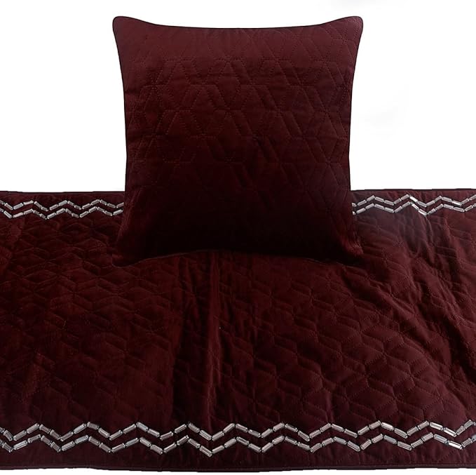 The HomeCentric King Queen Twin Deep Wine Handmade CA King 86"x18" Bed Runner Without Pillow Cover, Quilted & Crystals Bed Scarf on Velvet Fabric - Diamond Symphony