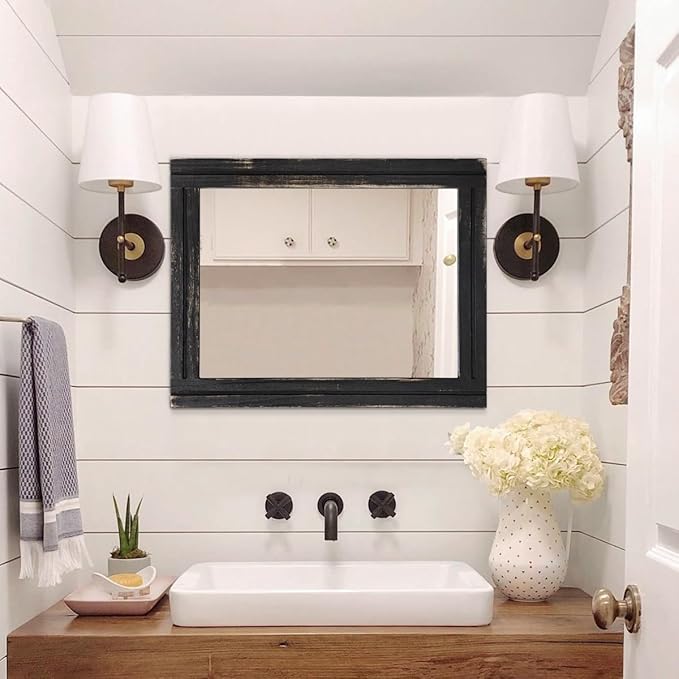 AAZZKANG Wall Mounted Mirror Small Rectangular Retro Mirrors with Wood Frame for Bedroom Living Room Bathroom Entryway Large 20"x16"