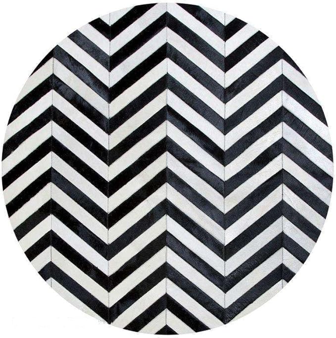 Round Cowhide Faux Leather Area Rug 9×9 ft – Black & White Modern Luxury Chevron Pattern Low Pile Carpet with Non-Slip Wool Backing, Soft Durable Living Room, Bedroom & Lounge Accent Rug