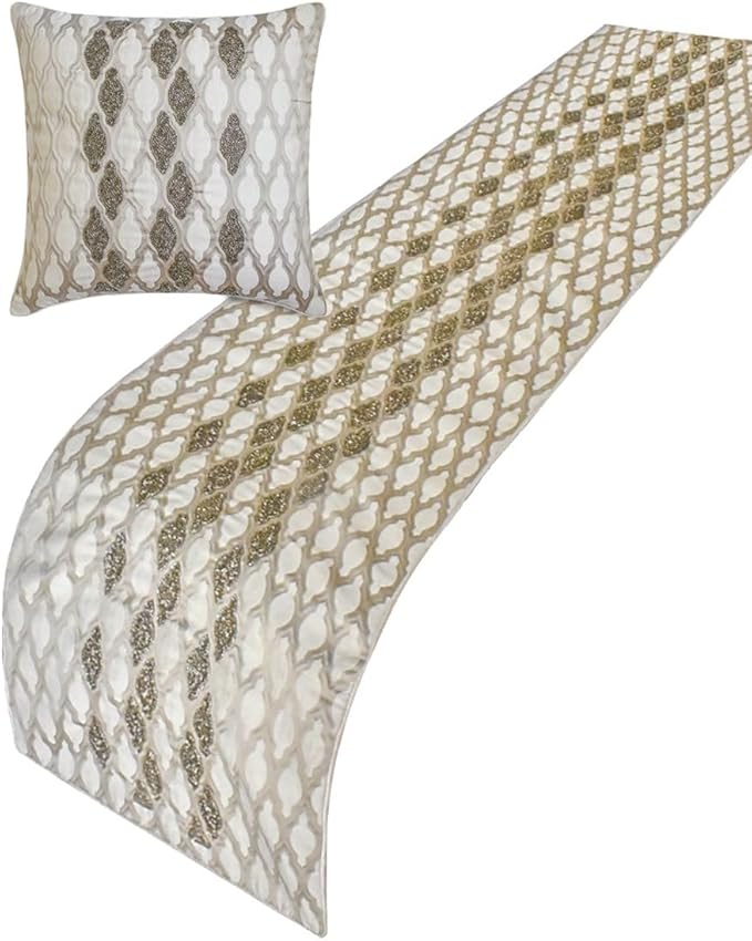 The HomeCentric King/Queen/Twin Ivory Decorative Queen 74"x18" Bed Runner with Two Pillow Cover, Bead Hand Embroidery Bed Scarf on Jacquard Fabric - Priscilla Dazzle