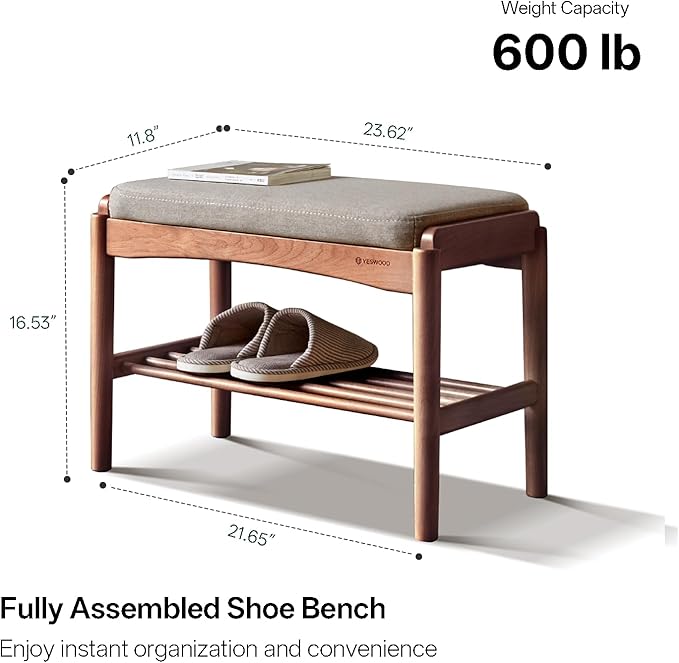 Solid Wood Shoe Bench Assembled, Shoe Rack Bench with Gray Cushion for Entryway, Living Room, Bedroom, Hallway, 11.8" x 23.6" x 16.5", Walnut