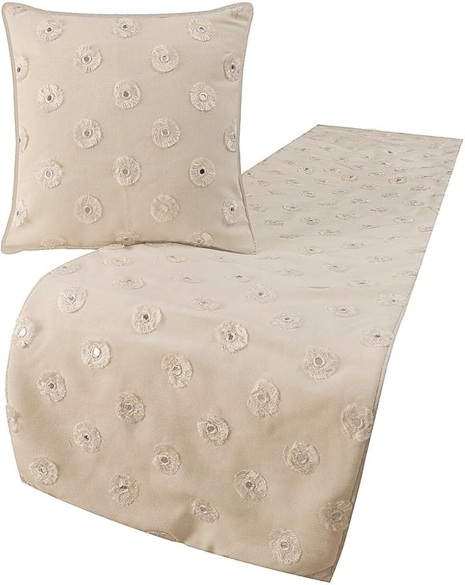 The HomeCentric King Queen Twin White Decorative Queen 74"x18" Bed Runner with Pillow Cover, Mirror Embroidery Bed Scarf on Cotton Fabric - Mirror Lover