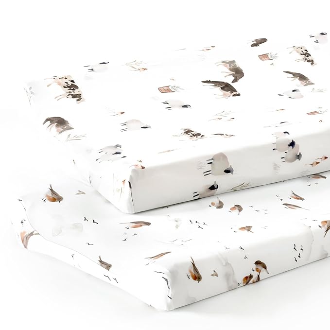 GRSSDER Stretch Ultra Soft Jersey Knit Changing Pad Cover Set 2 Pack, Change Table Pad Covers Fit 32"/34" x 16" Pads Safe and Snug, Cute Watercolor Cows and Birds Print for Boys and Girls