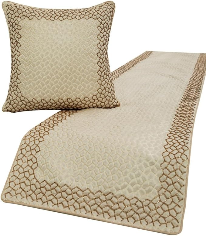 The HomeCentric King/Queen/Twin Ivory & Gold Designer Queen 74"x18" Bed Runner Without Pillow Cover, Mosaic & Beaded Bed Scarf on Jacquard Fabric - Tessellation