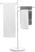MyGift 40 Inch Bathroom Towel Rack Holder, Free Standing Bath Towel Rack with 3 Swivel Bars, Spa Pool Hot Tub Valet Accessories Stand for Drying Towels, Matte White Metal