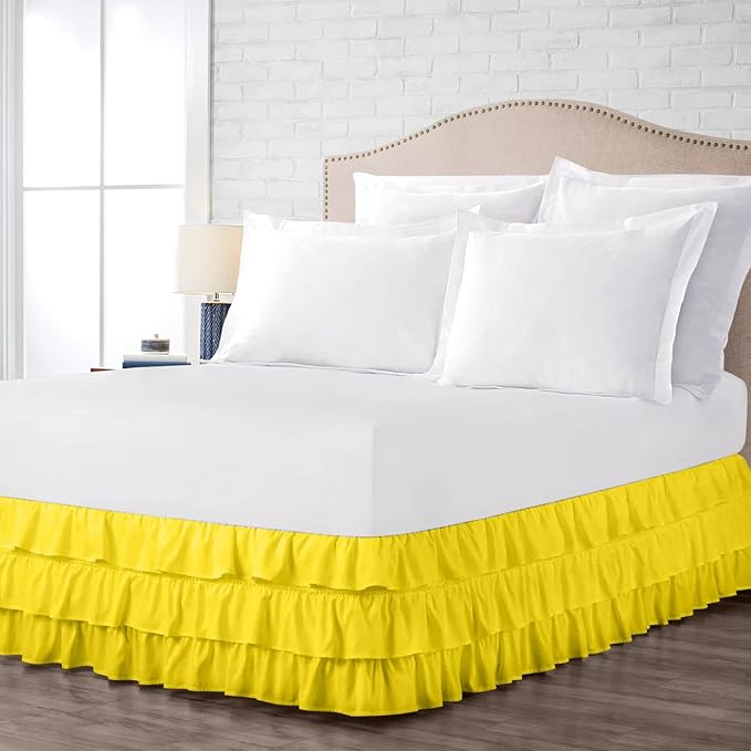 Multi-Ruffle Bed Skirt, Soft Multi Elastic Dust Ruffles with Wrap Around Bed Skirt Easy Fit with 18 Inch Drop 100% Cotton 800 Thread Count (King, Yellow)