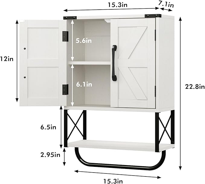 RUSTOWN Farmhouse Rustic Medicine Cabinet with Two Barn Door,Wood Wall Mounted Storage Cabinet with Adjustable Shelf and Towel Bar, 3-Tier Cabinet for Bathroom, Living Room(Vintage White)