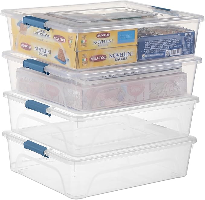 Plastic Storage Containers Clear Craft Storage Bins with Grey Handle,Organizer Box with Durable Lids Stackable Containers for Organizing Craft and Tools (4 Pack-10 Quart Blue)