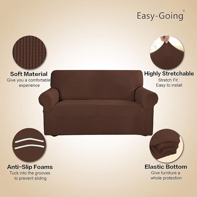 Easy-Going Stretch 4 Seater Sofa Slipcover 1-Piece Sofa Cover Furniture Protector Couch Soft with Elastic Bottom for Kids, Polyester Spandex Jacquard Fabric Small Checks Coffee