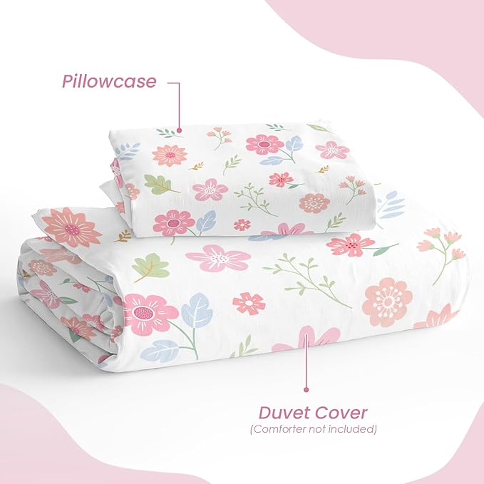 SANDJEST Floral Duvet Cover Sets Twin Size for Kids Girls, Include 1 Polyester Comforter Cover 68x86 Inches and 1 Pillowcase 20x26 Inches, Comforter Not Included, Gift for Christmas Birthday