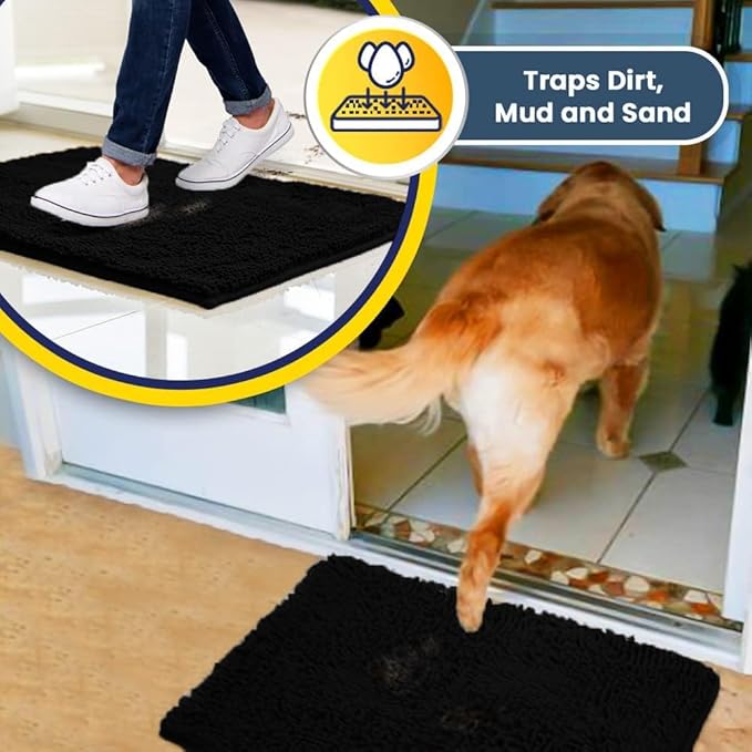 Muddy Mat® AS-SEEN-ON-TV Highly Absorbent Microfiber Door Mat and Pet Rug, Non Slip Thick Washable Area and Bath Mat Soft Chenille for Kitchen Bathroom Bedroom Indoor and Outdoor - Black 6ft x 9ft