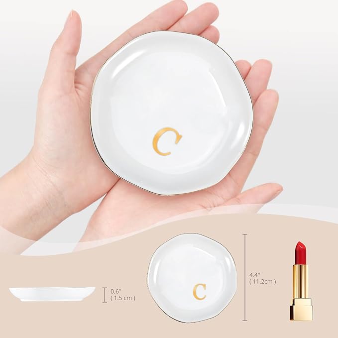 ProCase Ceramic Jewelry Tray, Initial Ring Dish Trinket Plate Engagement Gift, Small Personalized Monogram Ring Bowl for Wedding, White Decorative Jewelry Holder for Women Vanity -Letter C