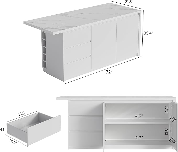 homary Kitchen Island with Storage & Wine Rack, 72" Modern White Kitchen Cabinet with Wood Top, Large Fixed Island with 3 Drawers & 6 Adjustable Shelves, Without Bar Stools