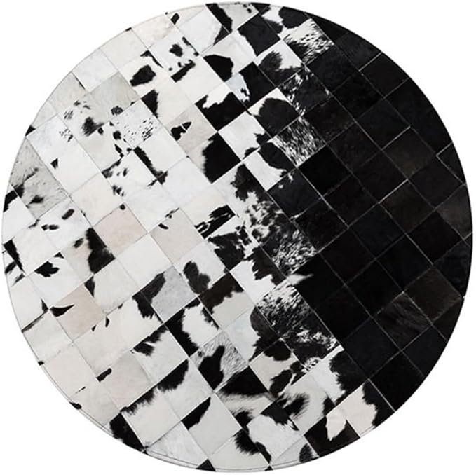 Cowhide Round Leather Rug 6x6 ft – Genuine Hair-On Hide Patchwork Area Rug for Living Room, Bedroom, Kids Playroom, Lounge & Western Home Decor