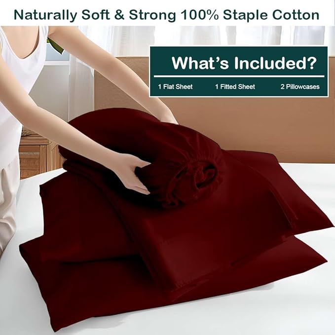 NON Sticky cotton Queen Size Sleeper Sofa Sheets, 4 Piece Egyptian Cotton Bed Sheet Set for Sofa Bed, 7" Deep Pocket for Pull Out Couch Mattress, 60" x 75", Burgundy Solid, Soft & Breathable