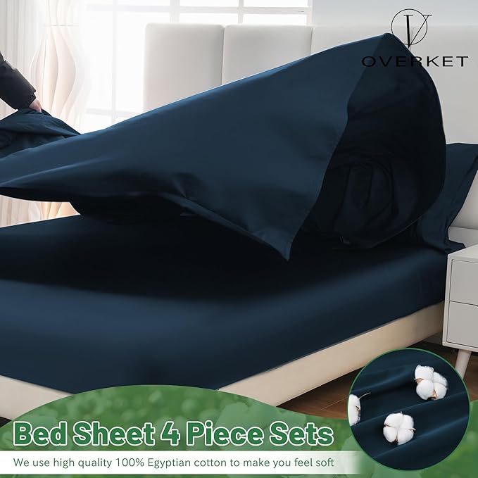 100% Egyptian Cotton Sheets Cal King Sheet Set 4PCS 1000 Thread Count Sateen Weave Soft Breathable 16-Inch Deep Pocket（California King,Navy）