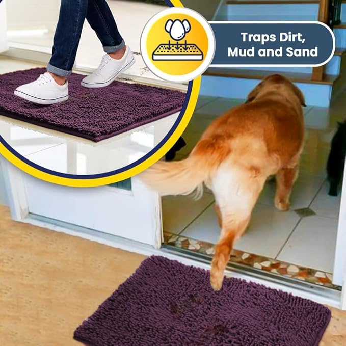 Muddy Mat® AS-SEEN-ON-TV Highly Absorbent Microfiber Door Mat and Pet Rug, Non Slip Thick Washable Area and Bath Mat Soft Chenille for Kitchen Bedroom Indoor and Outdoor - Dark Purple 48" x 60"