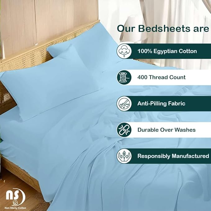 NON Sticky cotton Full Size Sleeper Sofa Sheets, 4 Piece Egyptian Cotton Bed Sheet Set for Sofa Bed, 10" Deep Pocket for Pull Out Couch Mattress, 54" x 75", Light Blue Solid, Soft & Breathable
