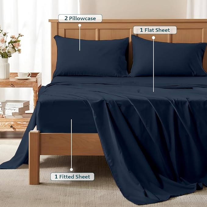 Deep Pocket King Sheets Set - Luxury 338 Thread Count Sateen, 100% Cotton Sheets with All Around Elastic for a, Hotel Quality Bedding Set (Navy Blue Solid)