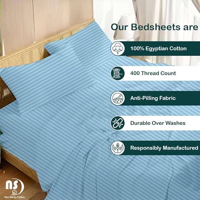 NON Sticky cotton Full Size Sleeper Sofa Sheets, 4 Piece Egyptian Cotton Bed Sheet Set for Sofa Bed, 10" Deep Pocket for Pull Out Couch Mattress, 54" x 75", Light Blue Stripe, Soft & Breathable