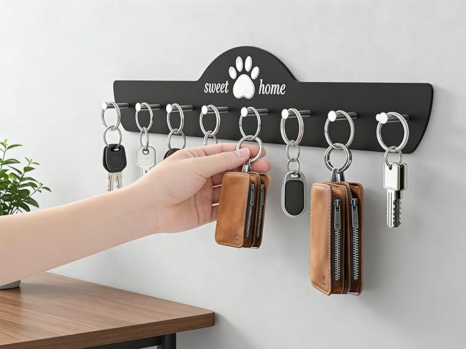 Key Holder Wall Mount with 8 Hooks & Pet Paw Design, Adhesive Metal Key Organizer Rack Hanger for Entryway, Apartment Essentials, Garage,Cute Home Decor Accessories (Pet Paw)