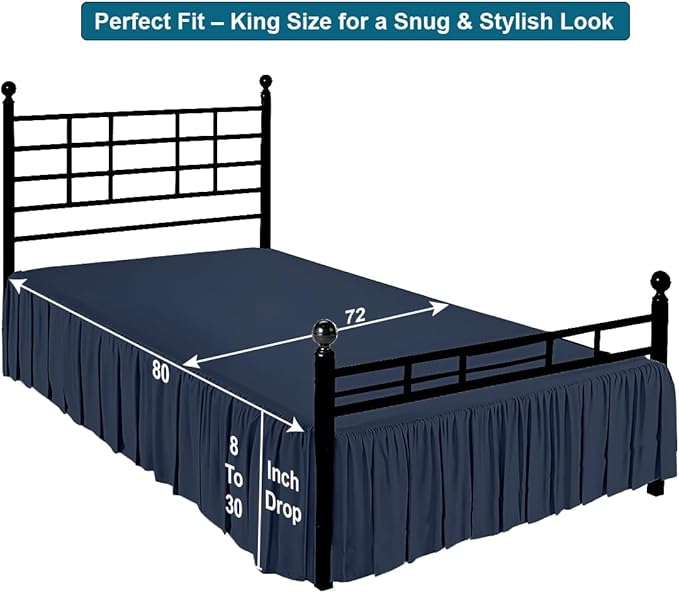 Shreem Linen Ruffled Bed Skirt with Split Corners, Gathered Style, 100% Microfiber, 10-Inch Drop, Dust Ruffle Bedskirt with Platform, King, Navy Blue