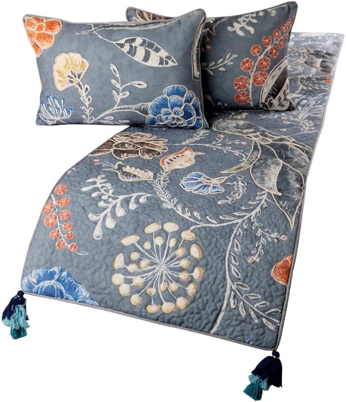 The HomeCentric Blue Bed Runner, King Size 90"x18" Decorative Bed Runner with 2 Matching Pillow Cover, Blue Linen Bed Scarf in Quilted Peacock, Linen & Jute Embroidery - Peacock Willow