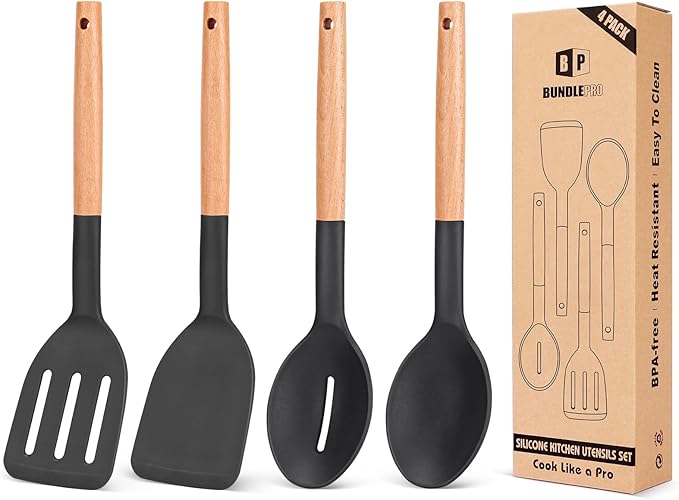 BUNDLEPRO Silicone Cooking Utensils Set, 4 Pcs Spatula and Spoon Set, Pink