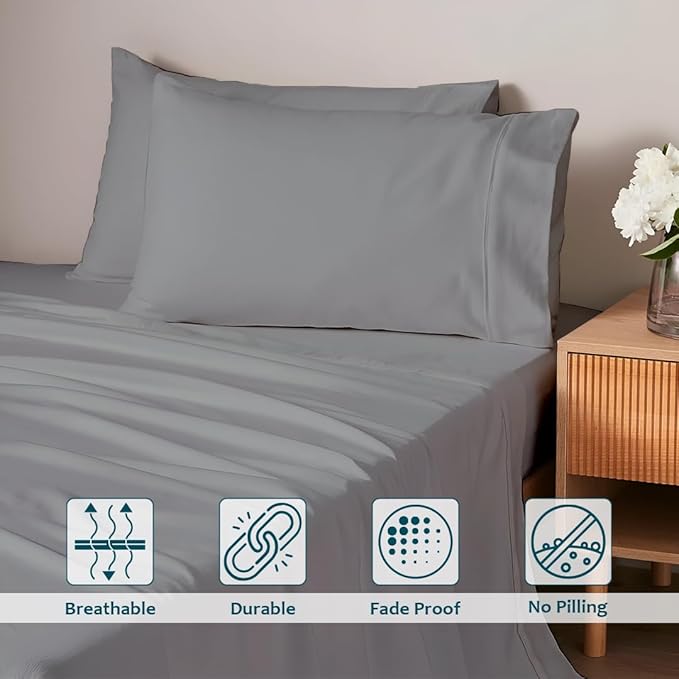 XL Twin Sheets Set - Luxury 338 Thread Count 100% Egyptian Cotton Sateen, Twin XL Sheet Set with All Around Elastic for a, Hotel Quality Bedding (Light Grey Solid)