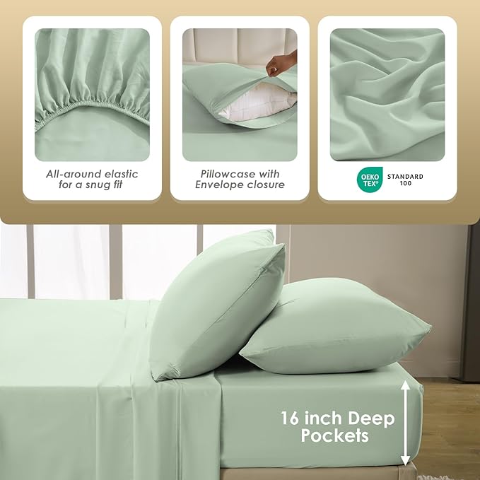 Silky Soft Queen Size Sheet Set - Luxury 4 Piece Breathable Cooling Sheets for Queen Size Bed, 16" Deep Pocket Easy Care Wrinkle Free Bedding Sheet and Pillowcase Set, Sage Green