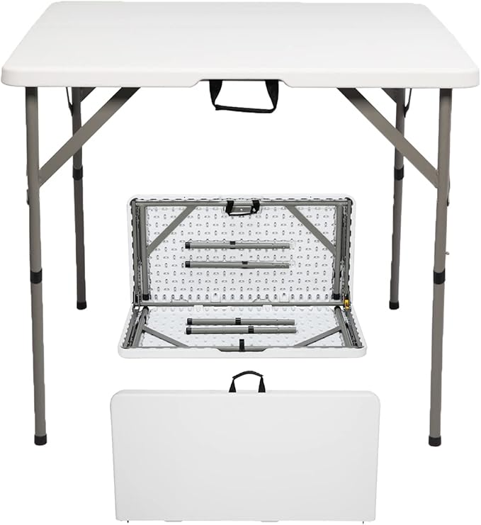 Outvita Plastics Folding Table Height Adjustable Indoor Outdoor Square Picnic Table with Carry Handle, Lock for Camping, Party, Picnic, BBQ White