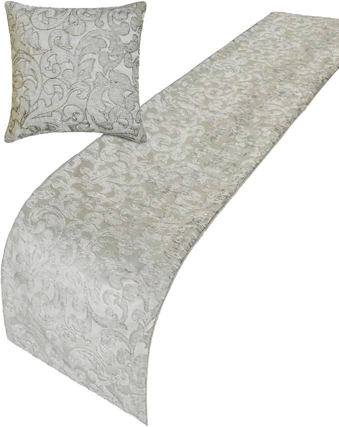 The HomeCentric King/Queen/Twin Silver Decorative King 90"x18" Bed Runner with One Pillow Cover, Abstract, Floral, Bead Hand Embroidery Bed Scarf on Jacquard Fabric - Ethereal Silver