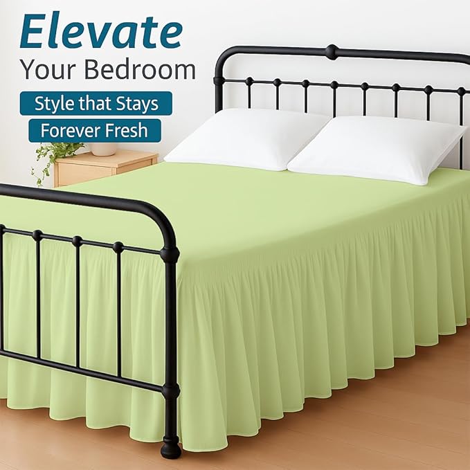 Shreem Linen Ruffled Bed Skirt with Split Corners, Gathered Style, 100% Microfiber, 10-Inch Drop, Dust Ruffle Bedskirt with Platform, Twin, Sage