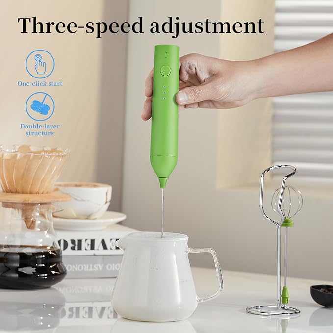 ELMWAY Rechargeable Milk Frother Handheld Foam Maker, 3 Speed Coffee Mixer Wand with 2 Detachable Stainless Steel Whisks and Stand, Electric Drink Mixer for Latte, Hot Chocolate, Protein Powder